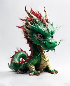 (best quality:1.3), Amazing, beautiful detailed eyes,green color, sharp focus, highly detailed, rich colors, vibrant colors,Chibi green Chinese dragon with golden horns, Chinese dragon head, 
Red and gold cheongsam vest, black eyes  ,tatoo style,((looking into camera)),((white_background)),simple_background,chinese dragon