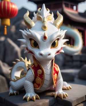 (best quality:1.3), Amazing, beautiful detailed eyes,white color,Sony Alpha 1, Sony FE 16-35mm f/2.8 GM, sharp focus, highly detailed, rich colors, vibrant colors,Chibi yellow Chinese dragon with golden horns, Chinese dragon head, 
Red and gold cheongsam vest, yellow eyes  ,Disney pixar style,((looking into camera)),((white_background)),((foucs on the dragon))
