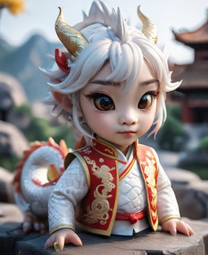 
(best quality:1.3), Amazing, beautiful detailed eyes,1girl,white color,Sony Alpha 1, Sony FE 16-35mm f/2.8 GM, sharp focus, highly detailed, rich colors, vibrant colors,Chibi white Chinese dragon with golden horns, Chinese dragon head, 
Red and gold cheongsam vest, yellow eyes  ,Disney pixar style,((looking into camera))