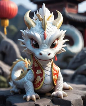 
(best quality:1.3), Amazing, beautiful detailed eyes,white color,Sony Alpha 1, Sony FE 16-35mm f/2.8 GM, sharp focus, highly detailed, rich colors, vibrant colors,Chibi white Chinese dragon with golden horns, Chinese dragon head, 
Red and gold cheongsam vest, yellow eyes  ,Disney pixar style,((looking into camera)),((white background))