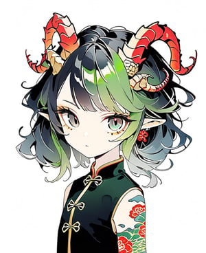 (best quality:1.3), Amazing, beautiful detailed eyes,green color, sharp focus, highly detailed, rich colors, vibrant colors,Chibi green Chinese dragon with golden horns, Chinese dragon head, 
Red and gold cheongsam vest, black eyes ,tatoo_style,illustration,graphite_art,((looking into camera)),((white_background)),simple_background,chinese dragon,flat_vector_art,DonM3l3m3nt4lXL,Don't curl up,dragonbaby,nodf_lora,dragonink,dragon,shards
