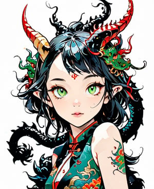 (best quality:1.3), Amazing, beautiful detailed eyes,green color, sharp focus, highly detailed, rich colors, vibrant colors,Chibi green Chinese dragon with golden horns, Chinese dragon head, 
Red and gold cheongsam vest, black eyes ,tatoo_style,illustration,graphite_art,((looking into camera)),((white_background)),simple_background,chinese dragon,flat_vector_art,DonM3l3m3nt4lXL,Don't curl up,dragonbaby,nodf_lora,dragonink,dragon,shards
