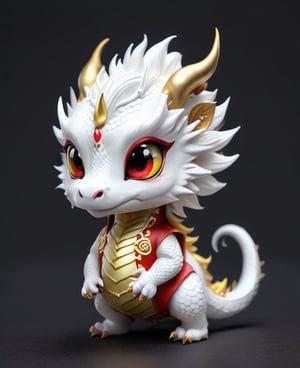 Chibi white Chinese dragon with golden horns, Chinese dragon head, 
Red and gold cheongsam vest, yellow eyes  ,Disney pixar style