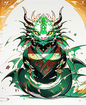 (best quality:1.3), Amazing, beautiful detailed eyes,green color, sharp focus, highly detailed, rich colors, vibrant colors,Chibi green Chinese dragon with golden horns, Chinese dragon head, 
Red and gold cheongsam vest, black eyes ,tatoo_style,illustration,graphite_art,((looking into camera)),((white_background)),simple_background,chinese dragon,flat_vector_art,DonM3l3m3nt4lXL,Don't curl up,dragonbaby,nodf_lora,dragonink,dragon,shards,leviathandef,Illustration,1 girl