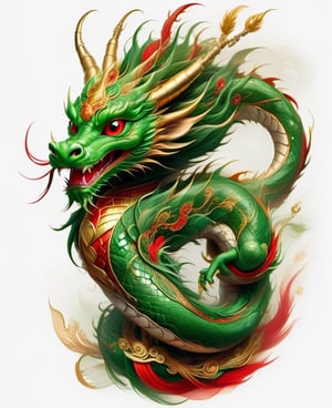 (best quality:1.3), Amazing, beautiful detailed eyes,green color, sharp focus, highly detailed, rich colors, vibrant colors,Chibi green Chinese dragon with golden horns, Chinese dragon head, 
Red and gold cheongsam vest, black eyes ,tatoo_style,illustration,graphite_art,((looking into camera)),((white_background)),simple_background,chinese dragon,flat_vector_art,DonM3l3m3nt4lXL