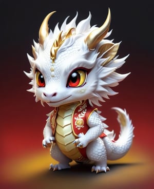 Chibi white Chinese dragon with golden horns, Chinese dragon head, 
Red and gold cheongsam vest, yellow eyes  ,Disney pixar style,((looking-at-viewer))