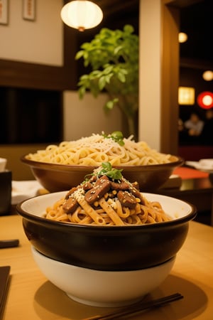 centered, photography, analog, | pasta dish, food photo, restaurant, table, japanese restaurant, | depth of field, bokeh,