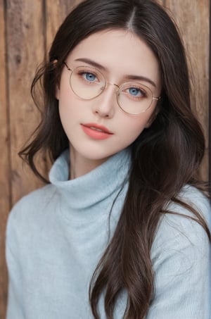 21 yo american instagram influencer, brunette, (wire rim glasses:1.4), [steel blue eyes], capture this image with a high resolution photograph using an 85mm lens for a flattering perspective