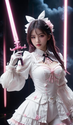 masterpiece, best quality, ultra-detailed, best shadow, detailed background,dark fantasy, mecha\(hubggirl)\,

hubggirl with White Lolita outfit ,holding a glowing pink sword upwards,

dynamic poses, particle effects, perfect hands,
beautiful detailed face, high contrast, best illumination, an extremely delicate and beautiful, 
cinematic light, colorful, hyper detail, dramatic light, intricate details,