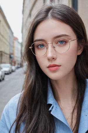 21 yo american instagram influencer, brunette, (wire rim glasses:1.4), [steel blue eyes], capture this image with a high resolution photograph using an 85mm lens for a flattering perspective