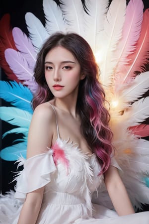  photorealistic,portrait of hubggirl, 
(ultra realistic,best quality),photorealistic,Extremely Realistic, in depth, cinematic light,

girl in a fluid and dynamic pose, wearing a loose, flowing white dress, mysterious expression, curly black and pink hair,hubg_jsnh, night, in a modern and abstract setting, with bold and colorful abstract art, blurred background, bright lighting, official art, uniform 8k wallpaper,(Feathers everywhere :1.3), depth of field level,

perfect hands,perfect lighting, vibrant colors, intricate details, high detailed skin, pale skin, intricate background, taken by Canon EOS,SIGMA Art Lens 35mm F1.4,ISO 200 Shutter Speed 2000,Vivid picture,hubggirl