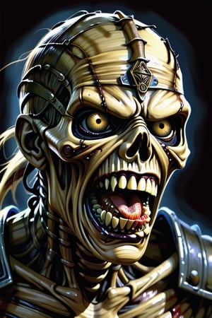 portrait , close up, mummy , dark style, like Eddie from iron maiden graphics, open mouth, worms from the mouth