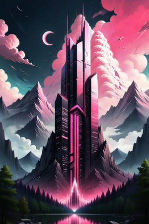 A captivating album cover featuring an abstract blend of nature and urban landscapes. At the center, a towering futuristic skyscraper reaches upwards, contrasting with the mountainous landscape that surrounds it. The mountains are a vibrant pink, blending seamlessly with the dark sky. I The overall design conveys a sense of progress, creativity, and a fusion of nature and technology., poster, typography