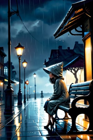 A captivating conceptual illustration of a solitary woman waiting at a rain-soaked bus stop under a dim streetlight on a dark, stormy night. The side view focus is on an ancient, weathered bench, with water droplets gleaming on its surface. The woman, donning a hooded raincoat, has her face obscured by the hood, adding to the mysterious and melancholic atmosphere. The city lights are dim, creating a somber mood, and the dark clouds overhead seem to be closing in., conceptual art, illustration, dark fantasy, photo, cinematic image has a vintage feel, reminiscent of the Jean Giraud's signature art style., photo, illustration,disney pixar style
