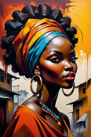A captivating abstract oil painting featuring an African woman with a striking, energetic presence. Her thick, textured brushstrokes create a dynamic and vibrant atmosphere, highlighting her bold features and accentuating her hourglass figure. The warm autumnal colors evoke a sense of nostalgia, while the dark fantasy elements and graffiti-like patterns add depth and conceptual interest. This enchanting illustration showcases the interplay of vivid colors, intricate details, and an evocative subject matter, making it a truly unique and captivating piece of art.