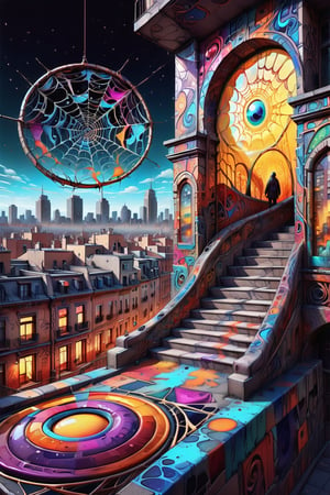 An extraordinary 3D render of a Moebius-style spider web, made of vibrant glass-like strands in a Klimt and Picasso-inspired swirl pattern. ì The background features a graffiti-style cityscape, with vivid colors and a cinematic atmosphere. The overall composition creates an eye-catching, conceptual art piece that combines various artistic styles in a unique and imaginative way., illustration, graffiti, photo, dark fantasy, 3d render, conceptual art, poster, cinematic, vibrant,DonMR31nd33rXL