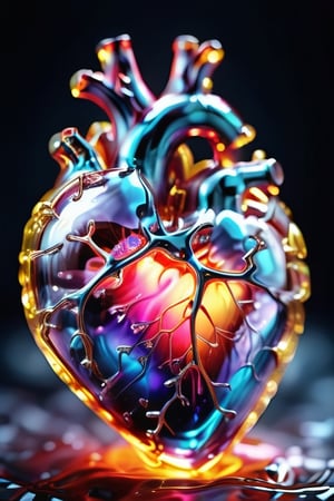 An intricate and surreal photograph of an anatomically accurate glass heart, containing a shimmering, neon-colored liquid that resembles blood. The glass heart is showcased against a dark backdrop, with soft, multicolored light beams illuminating the scene. The liquid inside the heart appears to be pulsating, creating a hypnotic, mesmerizing effect., illustration, photo
