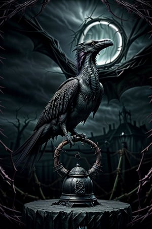 A hauntingly beautiful, dark fantasy illustration of the Division Bell, a mysterious and powerful artifact. The bell is encased in a twisted, thorny vines, with dark, ominous clouds looming in the background. The vines are intertwined with skulls and bones, and the bell itself emits a dark, eerie glow. In the foreground, there's a winged creature, a mix of a raven and a dragon, perched on the bell, its eyes glowing with an intense, otherworldly light. The overall ambiance of the image is dark and foreboding, with a sense of impending doom., conceptual art, dark fantasy, illustration