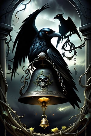 A hauntingly beautiful, dark fantasy illustration of the Division Bell, a mysterious and powerful artifact. The bell is encased in a twisted, thorny vines, with dark, ominous clouds looming in the background. The vines are intertwined with skulls and bones, and the bell itself emits a dark, eerie glow. In the foreground, there's a winged creature, a mix of a raven and a dragon, perched on the bell, its eyes glowing with an intense, otherworldly light. The overall ambiance of the image is dark and foreboding, with a sense of impending doom., conceptual art, dark fantasy, illustration