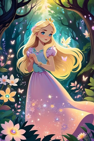A stunning illustration of a magical girl in a whimsical, enchanting fantasy world. She has long, flowing blonde hair and wears a beautiful, pastel-colored dress adorned with flowers and sparkling jewels. Her eyes sparkle with a magical aura, and a small, mythical creature perches on her shoulder. The background displays a lush, vibrant forest filled with mystical creatures, large flowers, and otherworldly plants. The overall atmosphere of the scene is ethereal and captivating., illustration
