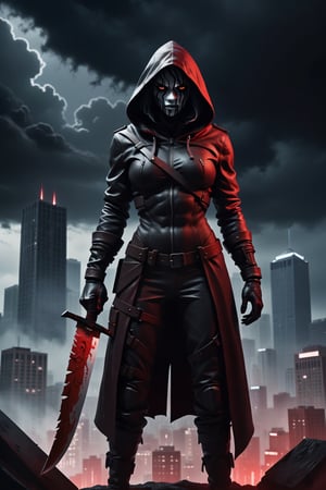 
A striking conceptual illustration of a mysterious figure holding a large, menacing knife, surrounded by an eerie, blood-red atmosphere. The figure is dressed in dark attire, with a hood casting a shadow over their face. The background features a cityscape with a dark, stormy sky, emphasizing the foreboding nature of the scene. The photo exudes a cinematic and dramatic atmosphere, perfect for a thriller or suspenseful film., conceptual art, illustration, photo, cinematic