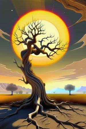 A striking surrealistic illustration of a nearly dead tree, with one lone branch extending skyward, seemingly reaching for the sun. The tree's gnarled, twisted limbs resemble the appearance of a human hand, emphasizing its uncanny resemblance to a human reaching for the heavens. The background showcases a desolate, dry field, with a palette of browns and yellows, creating a stark contrast to the tree's effort to touch the sun. The 3D render presents a vivid and conceptual art piece that captures the essence of hope and perseverance in the face of adversity., 3d render, conceptual art, illustration moebius Jean Giraud style
