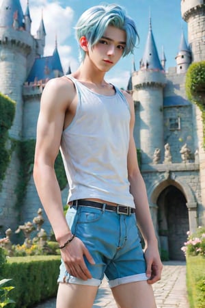 handsome boy with crop-top, 15 years old boy, light blue hair, in the castle-garden, detailed_background, anime, full_body, hotpants