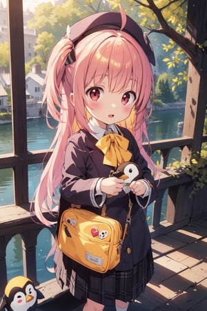masterpiece,illustration,ray tracing,finely detailed,best detailed,Clear picture,intricate details,highlight,
anime,
gothic architecture,
looking at viewer,

nature,gothic architecture,bird,the lakeside in the heart of the forest,the staircase of the balcony,

NikkeRei,
1girl,loli,baby,long hair,hat,light red hair,
yellow bow,yellow bag,skirt,upper body,
NikkePenguin,Penguin,