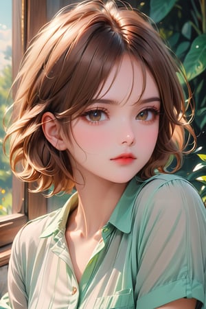 masterpiece, high quality realistic, pencil-sketch, pastel art style, (thin line:1.5), painting based on light-green, beautiful girl, light-brown short hair, red lips, shirt,