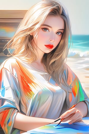 masterpiece, high quality realistic, pencil-sketch, pastel art style, (thin line:1.5), painting based on light-green, beautiful girl, light-brown short hair, red lips, shirt,DonMM1y4XL