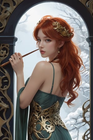 1 girl, full-body, red hair, arrogant face ,hold a magic stick ,sexy , misty ,Gorgeous jewelry, gold jewelry , (masterpiece, best quality, detailed, ultra-detailed, intricate), illustration, pastel colors, high chroma, high color contrast, black and white , detailed background, complex backgrounds, small dragons, snow , bats, dark atmosphere, vines , art nouveau, perfect light and shadows ,art nouveau by Alphonse Mucha, tarot cards, (beautiful and detailed eyes),
, anime style, watercolor, solid color background,  , breasts out
