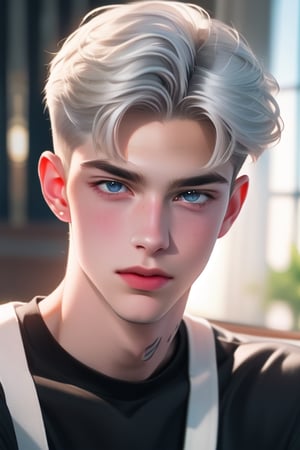 A tall, handsome, masculine young man with a strong build,  silver white-haired brunette, Show chest tattoo. black T-shirt. The podium. Masterpiece, detailed study of the face, beautiful face, beautiful facial features, perfect image, realistic shots, detailed study of faces, full-length image, 8k, detailed image. an extremely detailed illustration, a real masterpiece of the highest quality, with careful drawing.,SailorStarFighter,SailorStarMaker