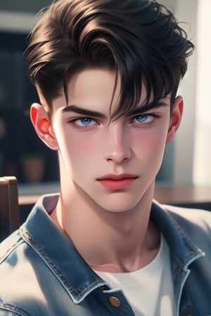 A tall, handsome, masculine young man with a strong build, evil look, black-haired brunette. Low-rise jeans. The podium. Masterpiece, detailed study of the face, beautiful face, beautiful facial features, perfect image, realistic shots, detailed study of faces, full-length image, 8k, detailed image. an extremely detailed illustration, a real masterpiece of the highest quality, with careful drawing.,SailorStarFighter,SailorStarMaker