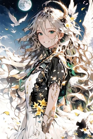 (1boy, gold hair, long hair, wavy hair, emerald eyes, slim), (masterpeice, best quality:1.2), (Beautifully Aesthetic:1.2), smiling, happy, portrait, fullbody, divine, beautiful, dress, white dress, pure, innocent, angel, looking_at_viewer, flowers in hair, flowers (innocent grey), petals, feathers, sky, simple_background
