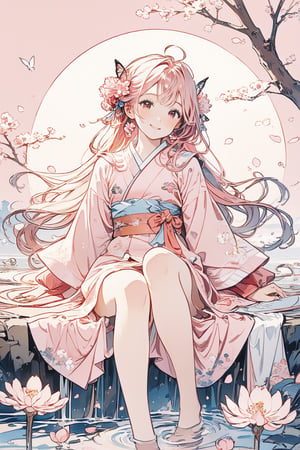 Masterpiece, beautiful details, perfect focus, uniform 8K wallpaper, high resolution, fine texture, one girl, focus on the face, simple background, ((light pink background: 1.5)), heart\(symbol\) , solo, long hair, looking at viewer, blush, smile, bangs, kimono, hanfu, hair ornament, wide sleeves, sitting, pink hair, flowers, ahoge, outdoor , frills, sky, sun, flowers in hair, pink eyes, water, trees, blue sky, sleeves past the wrists, petals, thigh straps, legs protruding from the frame, insects, white flowers, Butterflies, submerged feet, art nouveau