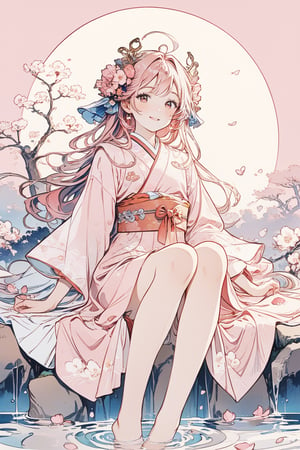Masterpiece, beautiful details, perfect focus, uniform 8K wallpaper, high resolution, fine texture, one girl, focus on the face, simple background, ((light pink background: 1.5)), heart\(symbol\) , solo, long hair, looking at viewer, blush, smile, bangs, kimono, hanfu, hair ornament, wide sleeves, sitting, pink hair, flowers, ahoge, outdoor , frills, sky, sun, flowers in hair, pink eyes, water, trees, blue sky, sleeves past the wrists, petals, thigh straps, legs protruding from the frame, insects, white flowers, Butterflies, submerged feet, art nouveau