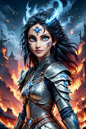  A glossy illustration of young female knight, fantasy style,photorealistic, high fashion, high detailed, high light, golden shoulder armor, long hair on fire, evil and gritty facial, a long scar in face, blood on armor, full lips, large glowing blue eyes, metallic gothic makeup, sinking battleship background,ULTIMATE LOGO MAKER [XL],NIJI STYLE,DonMW15pXL