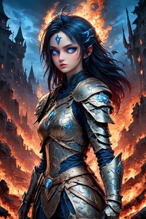 illustration of young female knight, loli style, gothic style,photorealistic, high fashion, high detailed, high light, golden shoulder armor, long ashen hair on fire, scarred face, bloody armor, full lips, large glowing blue eyes, metallic gothic makeup, hell fire background,ULTIMATE LOGO MAKER [XL],SelectiveColorStyle,DonMB4nsh33XL ,LOGO
