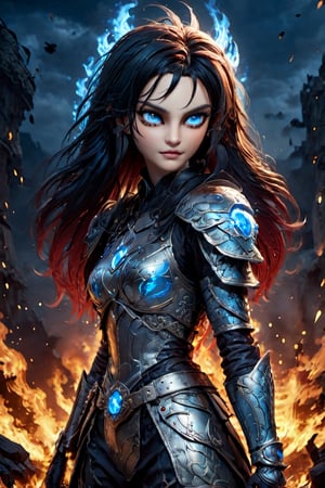  A glossy illustration of young female demon, loli style, gothic style,photorealistic, high fashion, high detailed, high light, golden shoulder armor, long hair on fire, angry, gritty, scarred face, bloody armor, full lips, large glowing blue eyes, metallic gothic makeup, bossom, busty, hell,ULTIMATE LOGO MAKER [XL],NIJI STYLE