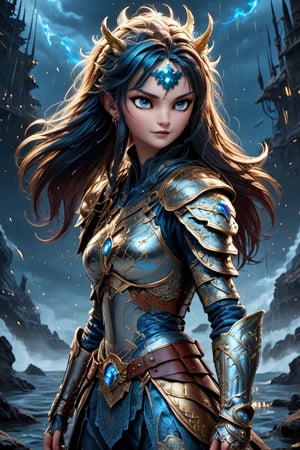  A glossy illustration of loli female knight, fantasy style,photorealistic, high fashion, high detailed, high light, golden shoulder armor, long firy hair, evil and gritty facial, a long scar in face, blood on armor, long sword on the side, full lips, large glowing blue eyes, metallic gothic makeup, sinking battleship background