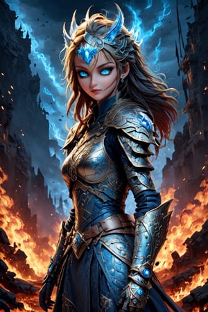illustration of young female knight, loli style, gothic style,photorealistic, high fashion, high detailed, high light, golden shoulder armor, long ashen hair on fire, scarred face, bloody armor, full lips, large glowing blue eyes, metallic gothic makeup, hell fire background,ULTIMATE LOGO MAKER [XL],SelectiveColorStyle,DonMB4nsh33XL ,LOGO, cinematic moviemaker style