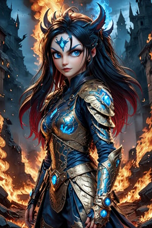  A glossy illustration of young female demon, loli style, gothic style,photorealistic, high fashion, high detailed, high light, golden shoulder armor, long hair on fire, angry, gritty, scarred face, bloody armor, full lips, large glowing blue eyes, metallic gothic makeup, bossom, busty, hell,ULTIMATE LOGO MAKER [XL],NIJI STYLE