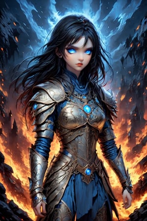 illustration of young female knight, loli style, gothic style,photorealistic, high fashion, high detailed, high light, golden shoulder armor, long ashen hair on fire, scarred face, bloody armor, full lips, large glowing blue eyes, metallic gothic makeup, hell fire background,ULTIMATE LOGO MAKER [XL],SelectiveColorStyle,DonMB4nsh33XL ,LOGO