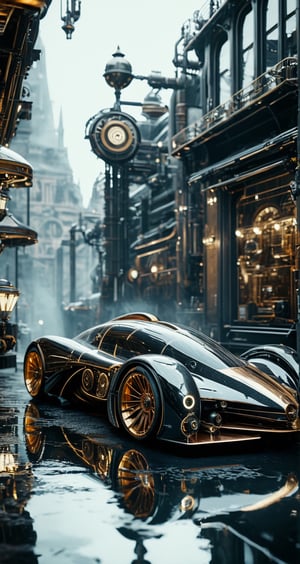 SP style, steampunk aesthetic, a steampunk hypercar parking in the streets, low angle shot, rear side view, wet ground, water reflections of the car, sun reflections on the surface of the car, metallic texture, steampunk factory in the background, award-winning picture, highly detailed, ultra-high resolutions, 32K UHD, sharp focus, best quality, masterpiece, ,Steampunk aesthetic