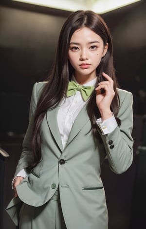 (((((Bow_tie_collared_button_green_Tuxedo_suit:1.5))))),(((long_pants:1.4))),((((standing)))),(((((medium_shot,front_viewed:1.5))))),(((extra_long_hair_with_complete_fringes_with_blurry:1.4))),(((((cute_smiling_face1.5))))),((((looking_at_viewer:1.4)))),(beautiful and aesthetic:1.4),((((round cheeks, high-bridged nose, plastic surgery round eyes:1.5)))), (((Kpop style pose:1.4))),(((((auditorium))))),
perfect.,Bomi,Enhance,Model ,Asian ,eungirl,((((1girl)))).