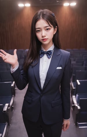 (((((Bow_tie_collared_button_navy_blue_Tuxedo_suit:1.5))))),(((long_pants:1.4))),((((standing)))),(((((medium_shot,front_viewed:1.5))))),(((extra_long_hair_with_complete_fringes_with_blurry:1.4))),(((((cute_smiling_face1.5))))),((((looking_at_viewer:1.4)))),(beautiful and aesthetic:1.4),((((round cheeks, high-bridged nose, plastic surgery round eyes:1.5)))), (((Kpop style pose:1.4))),(((((auditorium))))),
perfect.,Bomi,Enhance,Model ,Asian ,eungirl,((((1girl)))).