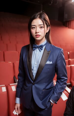 (((((Bow_tie_collared_button_blue_Tuxedo_suit:1.5))))),(((long_pants:1.4))),((((standing)))),(((((medium_shot,front_viewed:1.5))))),(((extra long hair with complete fringes with blurry:1.4))),(((((cute_smiling_face1.5))))),(beautiful and aesthetic:1.4),((((round cheeks, high-bridged nose, plastic surgery round eyes:1.5)))), (((Kpop style pose:1.4))),(((((auditorium))))),
perfect.,Bomi,Enhance,Model ,Asian ,Girl,(((eungirl))). ,eungirl,((((1girl)))).