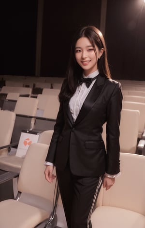 (((((Bow_tie_collared_button_Tuxedo_suit:1.5))))),(((long_pants:1.4))),((((standing)))),(((((medium_shot,front_viewed:1.5))))),(((extra_long_hair_with_complete_fringes_with_blurry:1.4))),(((((cute_smiling_face))))),((((looking_at_viewer:1.4)))),(beautiful and aesthetic:1.4),((((round cheeks, high-bridged nose, plastic surgery round eyes:1.5)))), (((Kpop style pose:1.4))),(((((auditorium))))),
perfect.,Bomi,Enhance,Model ,Asian ,eungirl,((((1girl)))).,((Perfect lips)).