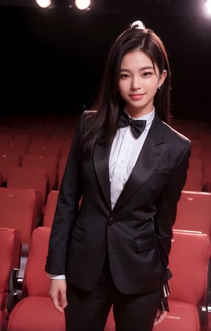 (((((Bow_tie_collared_button_Tuxedo_suit:1.5))))),(((long_pants:1.4))),((((standing)))),(((((medium_shot,front_viewed:1.5))))),(((extra_long_hair_with_complete_fringes_with_blurry:1.4))),(((((cute_smiling_face))))),((((looking_at_viewer:1.4)))),(beautiful and aesthetic:1.4),((((round cheeks, high-bridged nose, plastic surgery round eyes:1.5)))), (((Kpop style pose:1.4))),(((((auditorium))))),
perfect.,Bomi,Enhance,Model ,Asian ,eungirl,((((1girl)))).,((Perfect lips)).