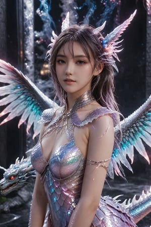 masterpiece, best quality, (Anime:1.4), pastel anime dragon girl, slime, wet look, shimmering lights, dragon in background, whirls of vapor, iridescent textures, dragon scales, dragon horns, dragon wings, translucent scales, soft neon pink light, ethereal ambiance, delicate details, magical atmosphere,hubggirl,mecha\(hubggirl)\